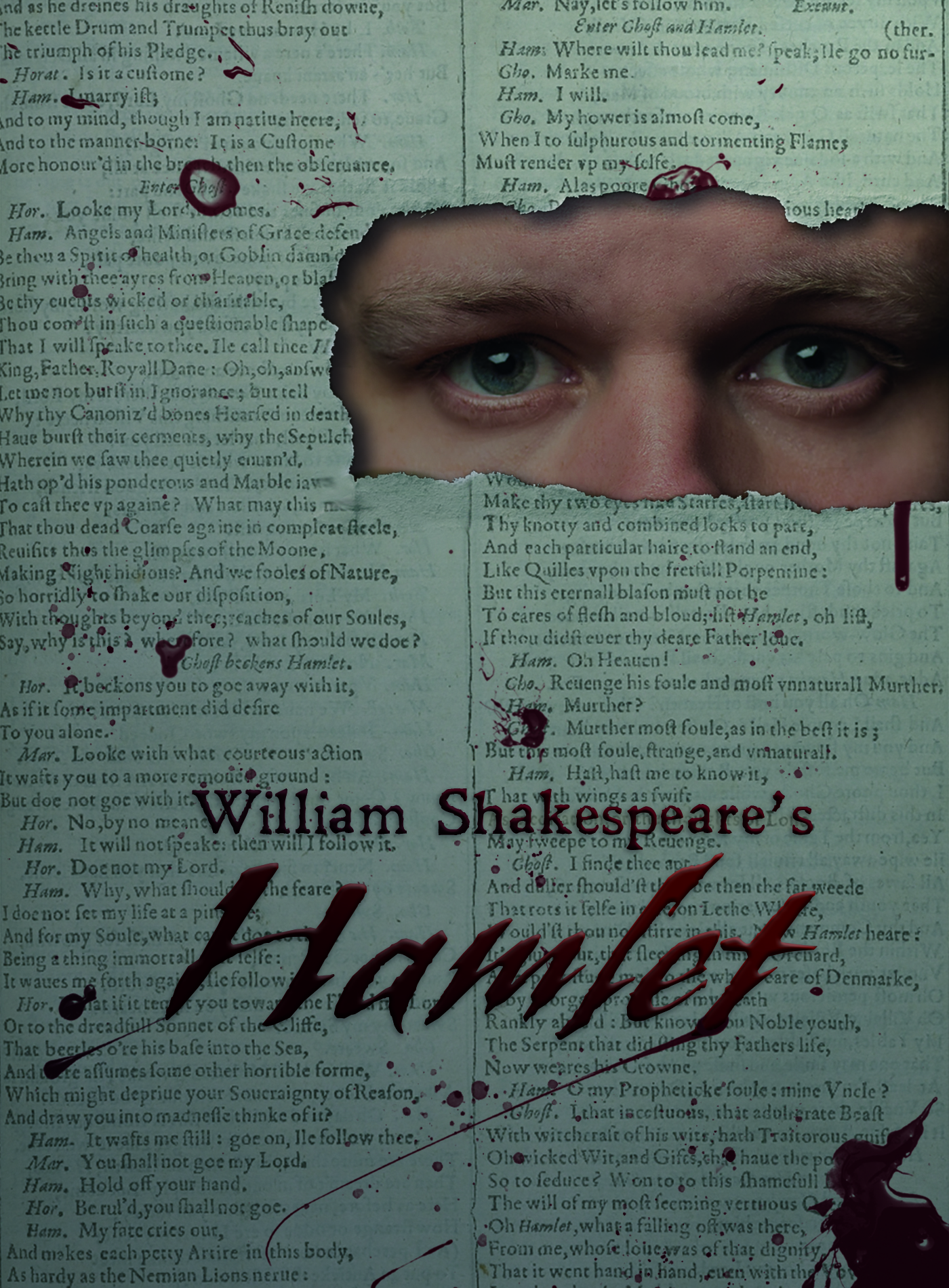 Hamlet Book Cover of bloody play page and man looking through